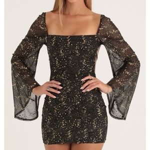 Korra Mesh Sequin Flare Sleeve Dress in Black